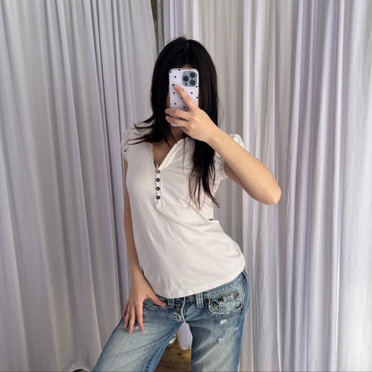 White Burberry Brit Ruched Puff Sleeve Fitted 1/4 Button Polo Top