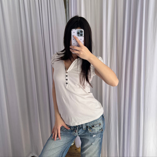 White Burberry Brit Ruched Puff Sleeve Fitted 1/4 Button Polo Top