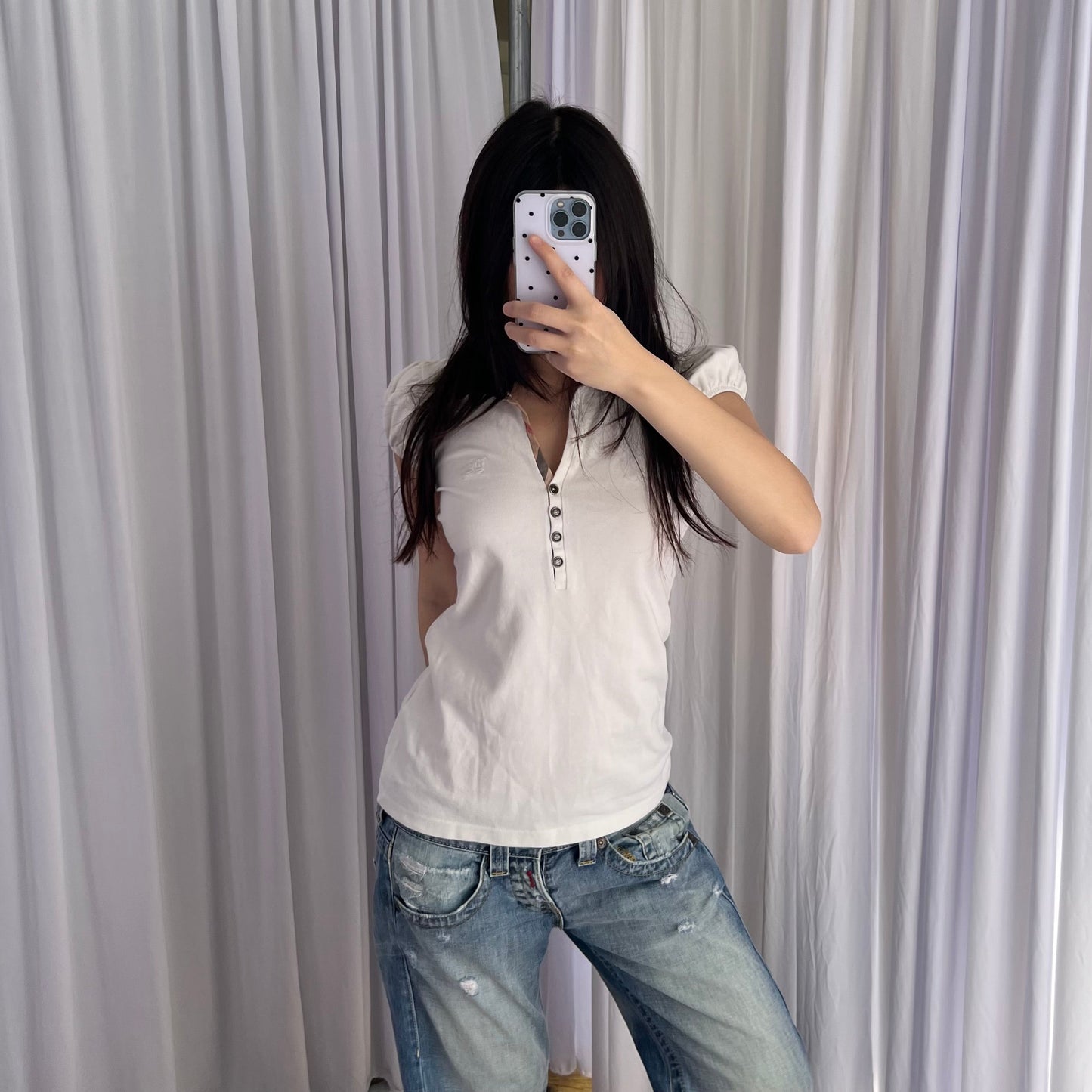 White Burberry Brit Ruched Puff Sleeve Fitted 1/4 Button Polo Top