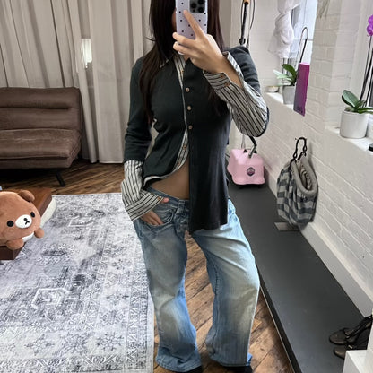 vintage morgan de toi preppy striped grey contrast striped layered style blouse