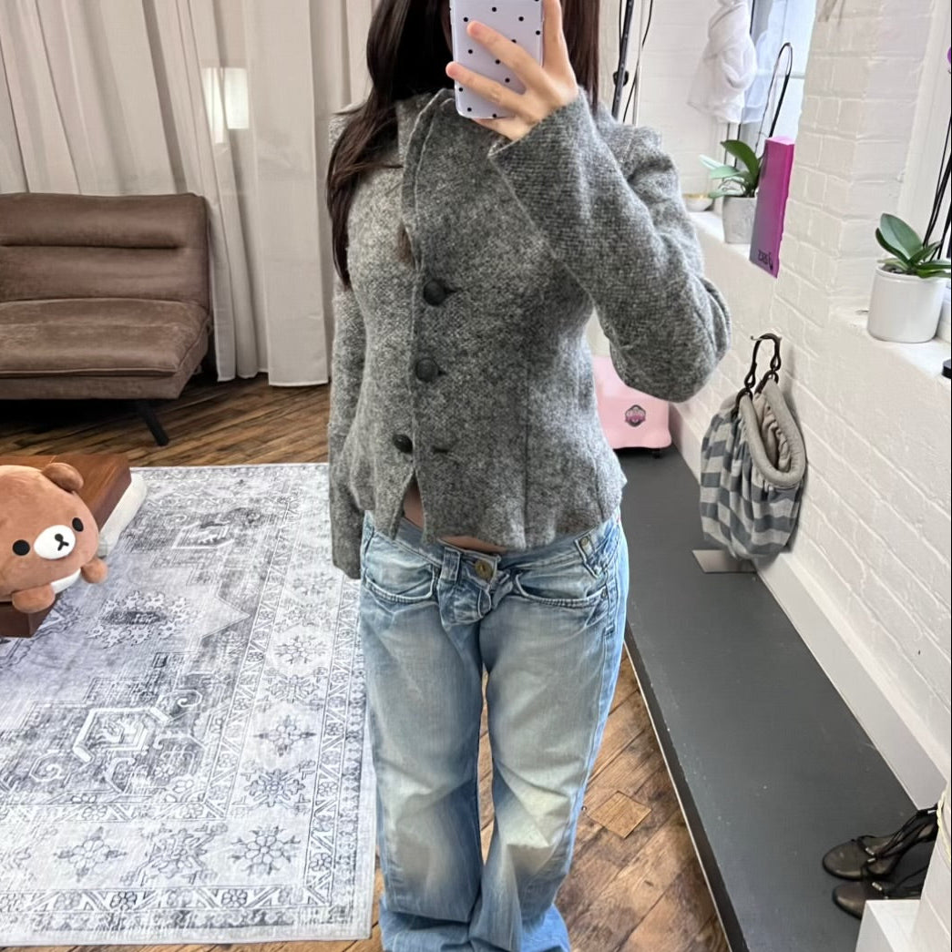 kosmika grey wool blend knit collared cropped long sleeve pea coat