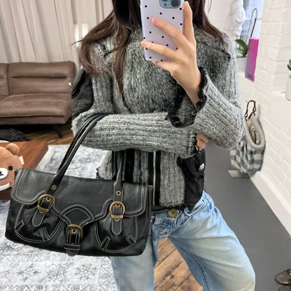 dakota western preppy black leather brass buckle shoulder bag