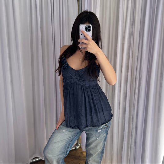 Vintage Navy Blue Silk Rosette Ruffle Babydoll Camisole
