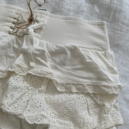 prairie boho walk & talk white broderie anglaise tiered ruffle corset lace up mini skirt