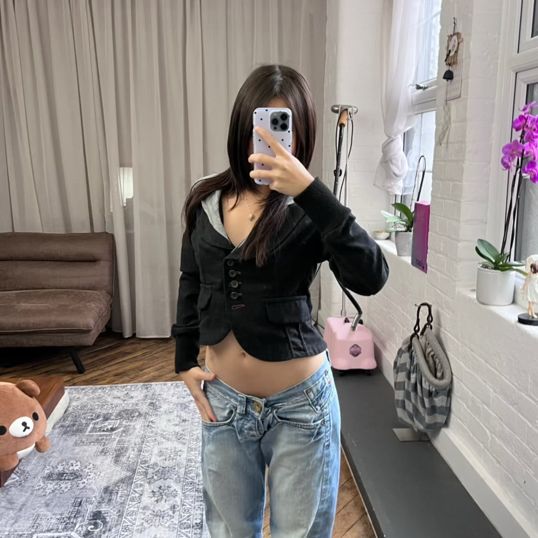 cop copine grey hoodie wool blend layered crop jacket