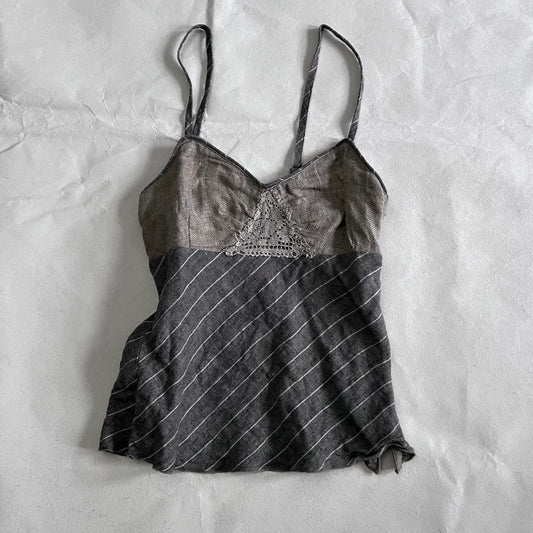Kookai Grey Taupe Beige Embroidery Lace Linen Striped Camisole