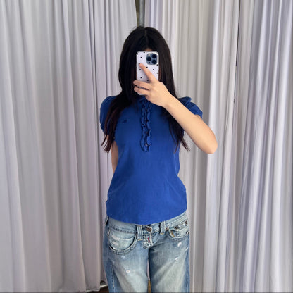 Burberry Blue Label Cobalt Blue Puff Sleeve Collared Polo Shirt