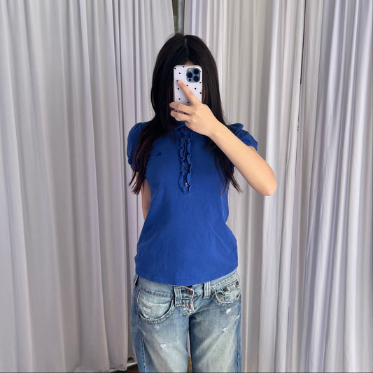 Burberry Blue Label Cobalt Blue Puff Sleeve Collared Polo Shirt