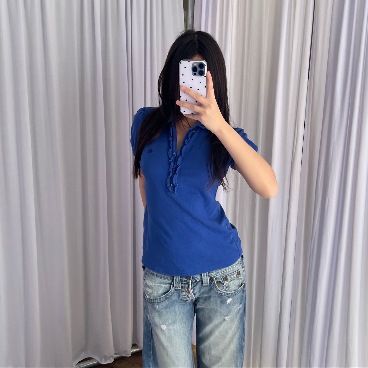 Burberry Blue Label Cobalt Blue Puff Sleeve Collared Polo Shirt