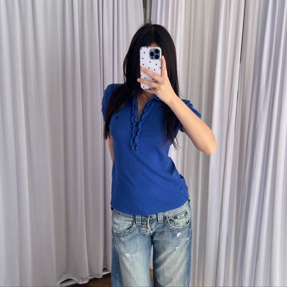 Burberry Blue Label Cobalt Blue Puff Sleeve Collared Polo Shirt