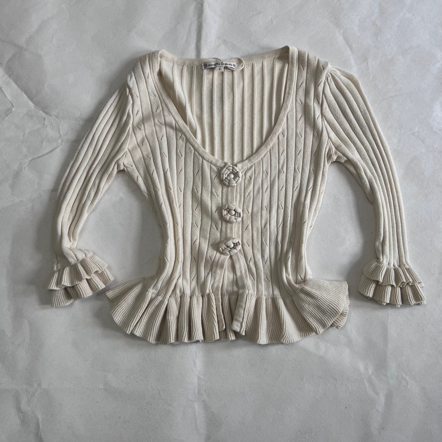 Romantic Nanette Lepore Cream Crop Rosette Ruffle Hem Cardigan Top