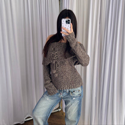 Pimkie Speckled Brown Wool Blend Pom Pom Off Shoulder Folded Knit Sweater