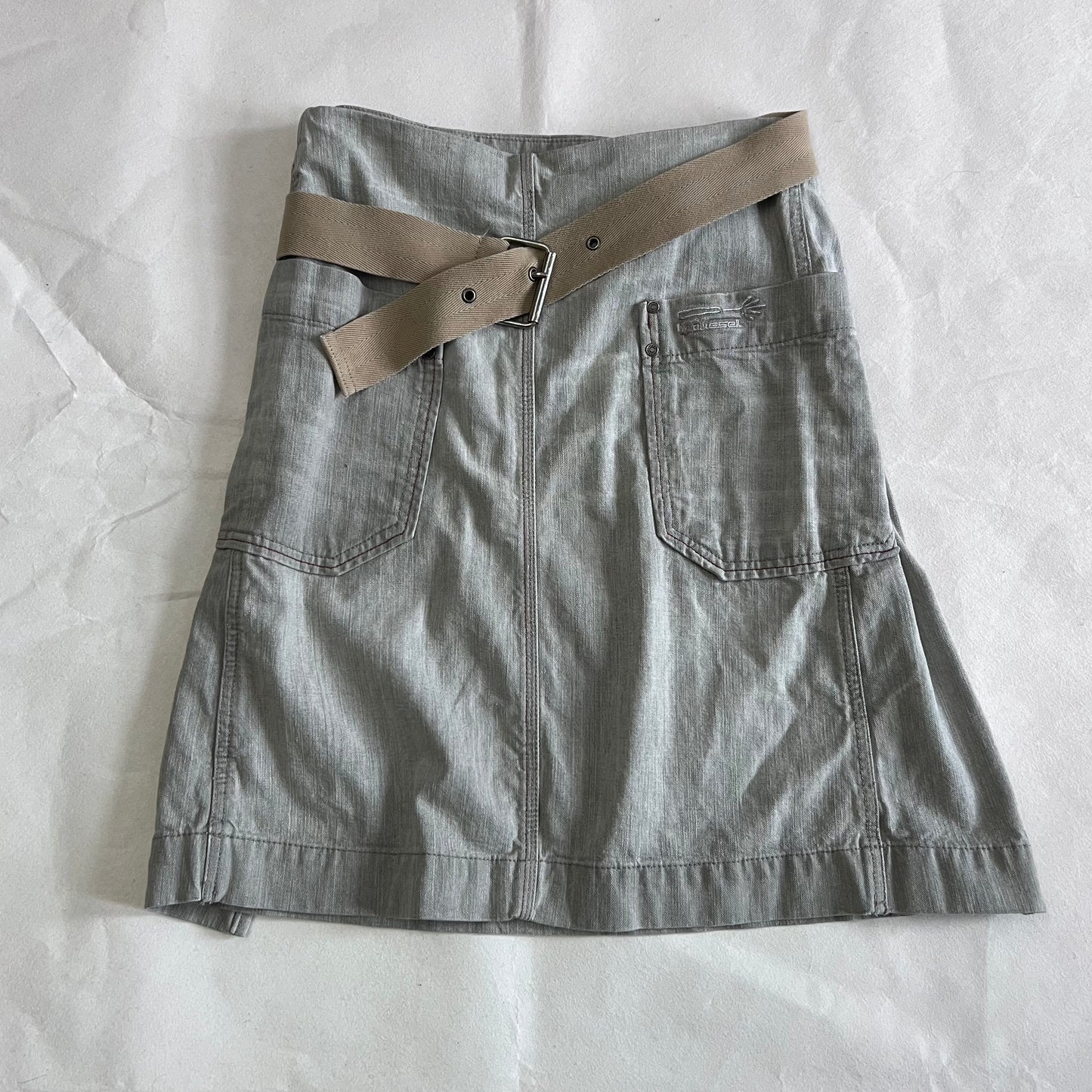 Diesel Grey Faded Denim Tan Beige Built In Grommet Belt Wrap Midi Skirt