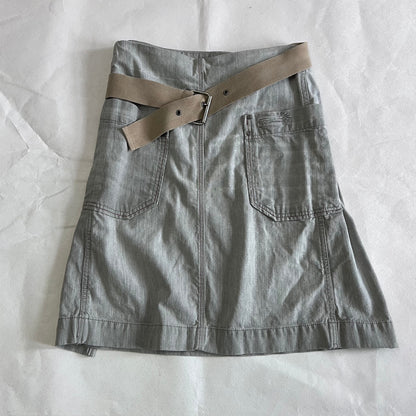 Diesel Grey Faded Denim Tan Beige Built In Grommet Belt Wrap Midi Skirt