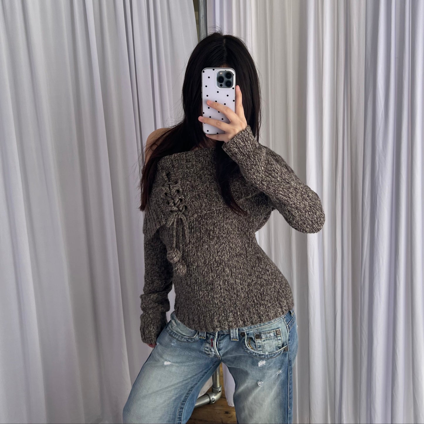 Pimkie Speckled Brown Wool Blend Pom Pom Off Shoulder Folded Knit Sweater