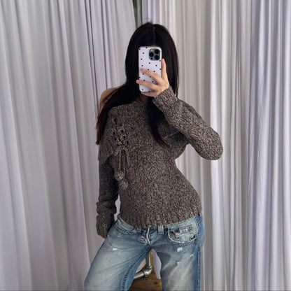 Pimkie Speckled Brown Wool Blend Pom Pom Off Shoulder Folded Knit Sweater