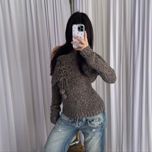 Pimkie Speckled Brown Wool Blend Pom Pom Off Shoulder Folded Knit Sweater