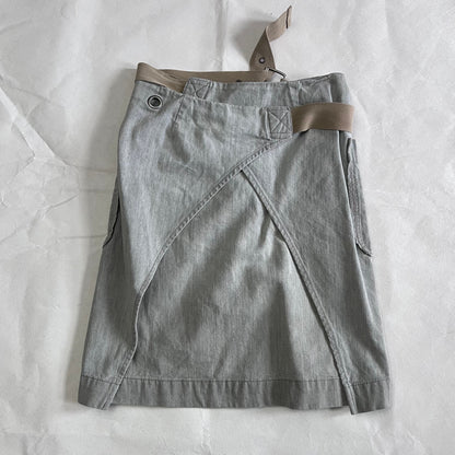 Diesel Grey Faded Denim Tan Beige Built In Grommet Belt Wrap Midi Skirt