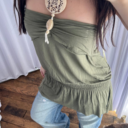 Khaki Reds Boho Eurosummer Ruched Drop Waist Charm Bandeau Tunic