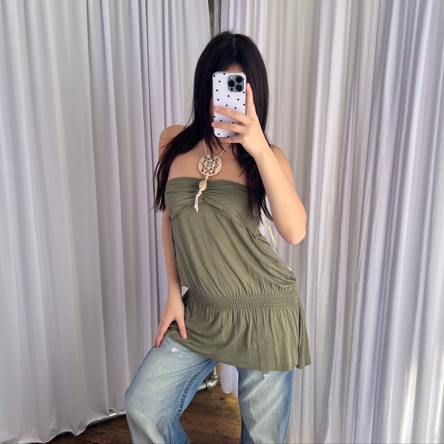 Khaki Reds Boho Eurosummer Ruched Drop Waist Charm Bandeau Tunic