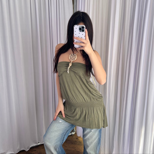 Khaki Reds Boho Eurosummer Ruched Drop Waist Charm Bandeau Tunic