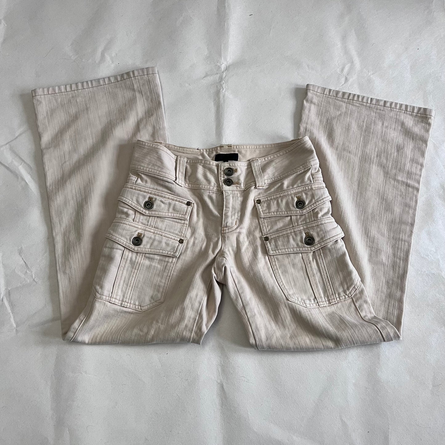 Fragile Ivory Beige Mid Rise Layered Pocket Straight Leg Denim Trousers