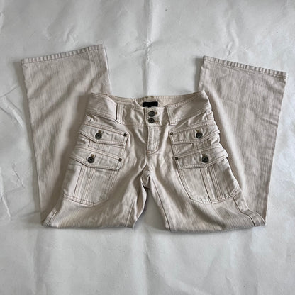 Fragile Ivory Beige Mid Rise Layered Pocket Straight Leg Denim Trousers