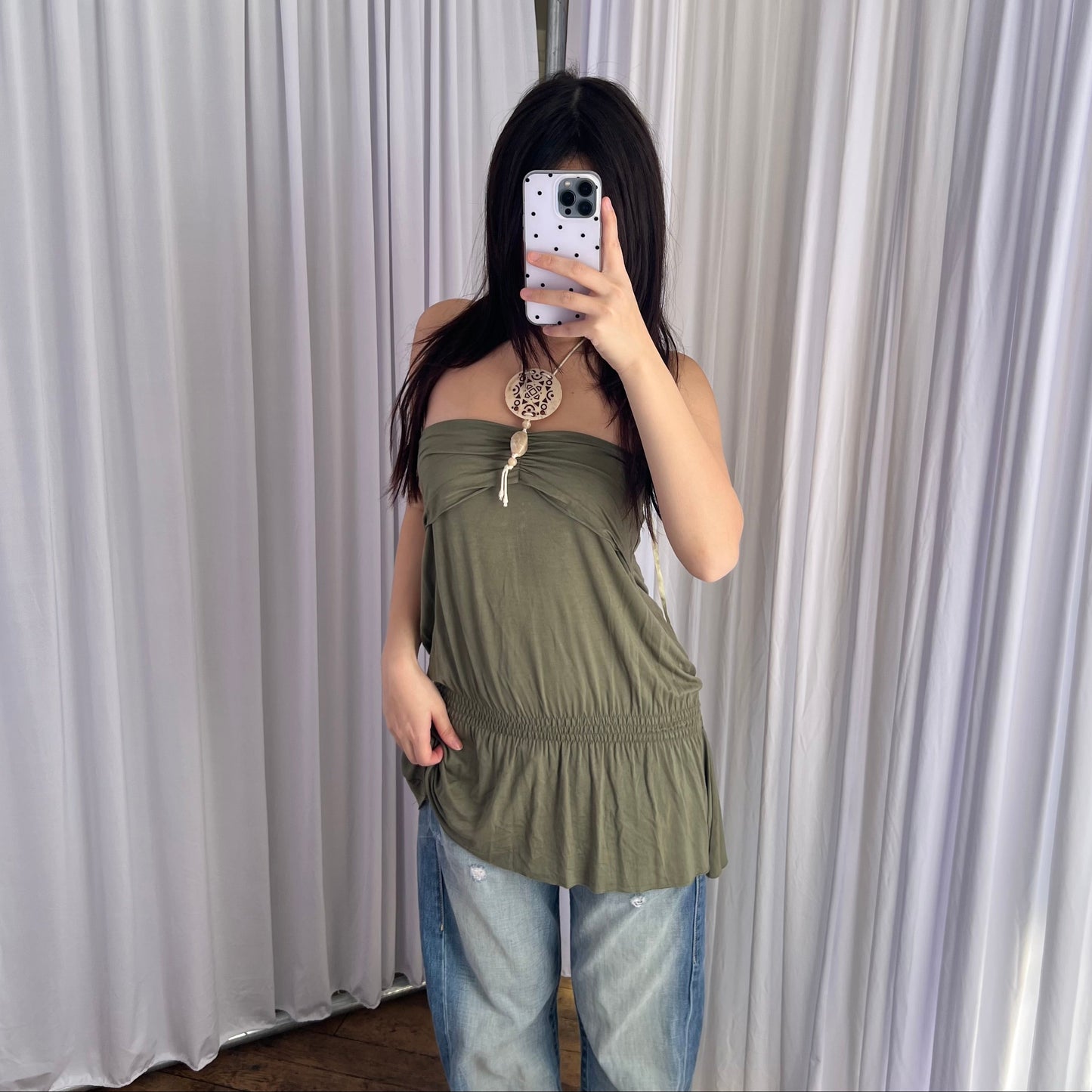 Khaki Reds Boho Eurosummer Ruched Drop Waist Charm Bandeau Tunic