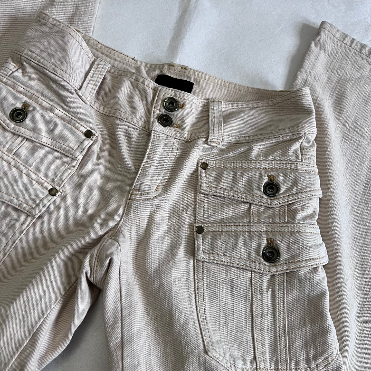 Fragile Ivory Beige Mid Rise Layered Pocket Straight Leg Denim Trousers