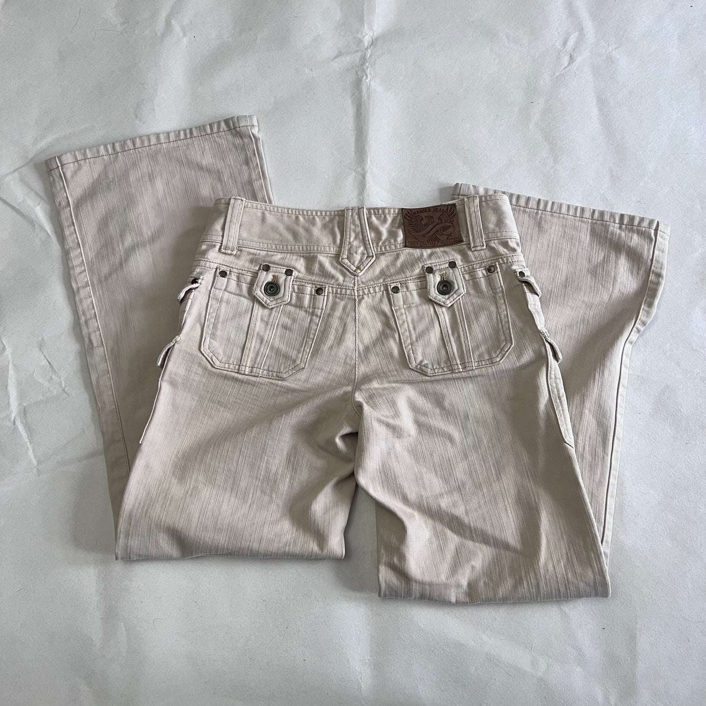 Fragile Ivory Beige Mid Rise Layered Pocket Straight Leg Denim Trousers