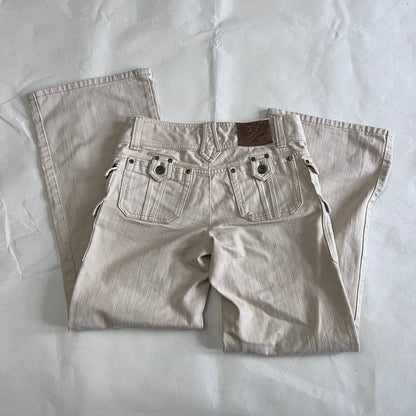 Fragile Ivory Beige Mid Rise Layered Pocket Straight Leg Denim Trousers