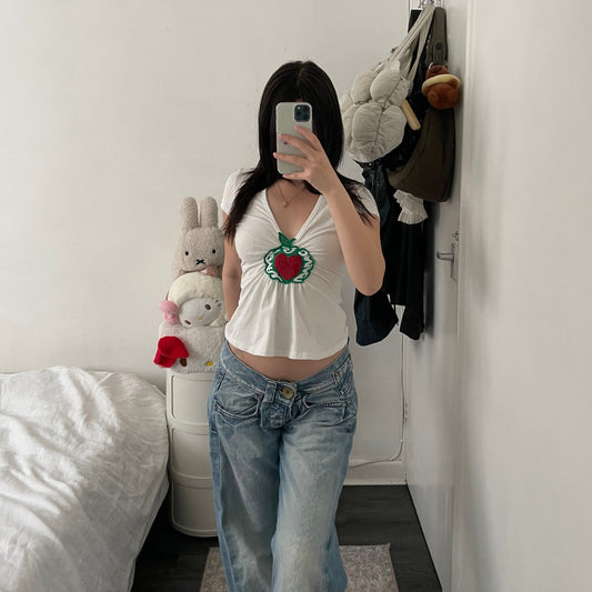 fornarina white ruched cap sleeve apple sequin top
