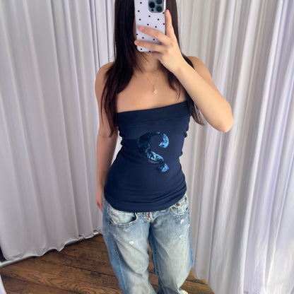 Navy Guess Question Mark Sequin Fitted Bandeau Top