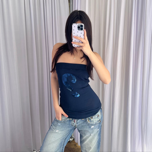 Navy Guess Question Mark Sequin Fitted Bandeau Top