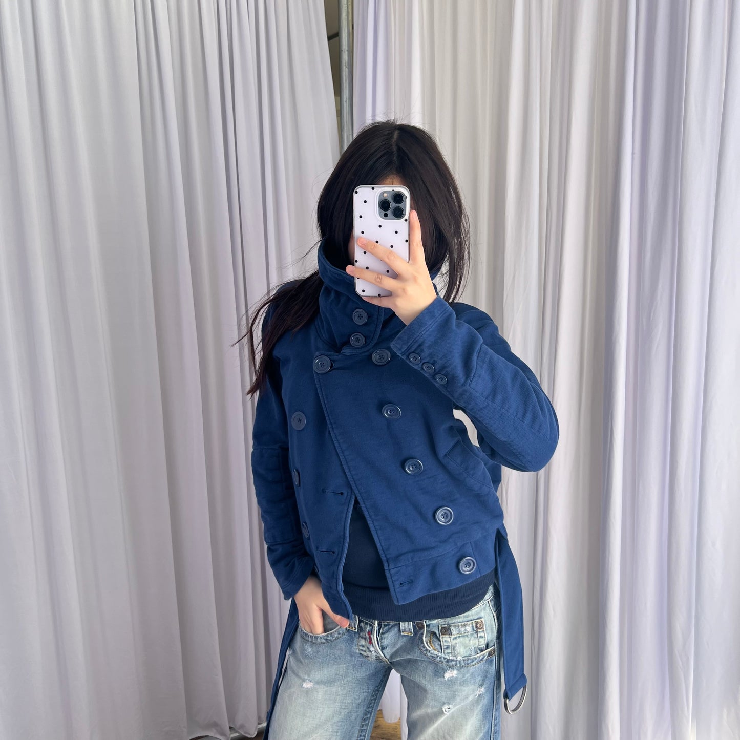 Adidas Navy Blue Double Breasted Funnel Neck Asymmetric Belted Hem Jacket