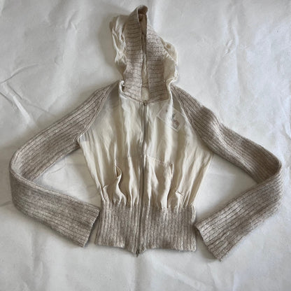 Beige Cream Wool Blend Ribbed Sheer Knit Hooded Jacket