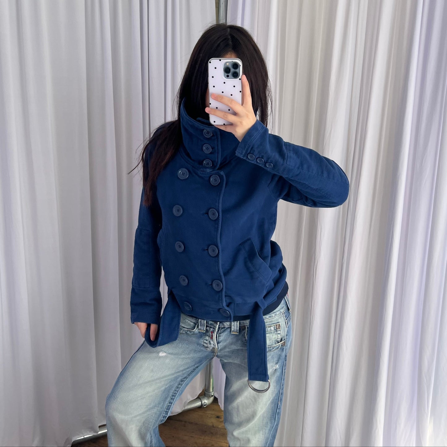 Adidas Navy Blue Double Breasted Funnel Neck Asymmetric Belted Hem Jacket