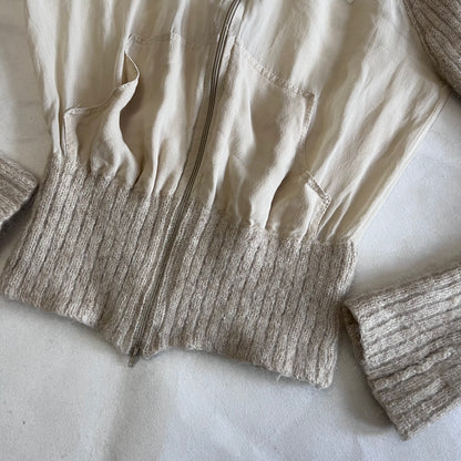 Beige Cream Wool Blend Ribbed Sheer Knit Hooded Jacket