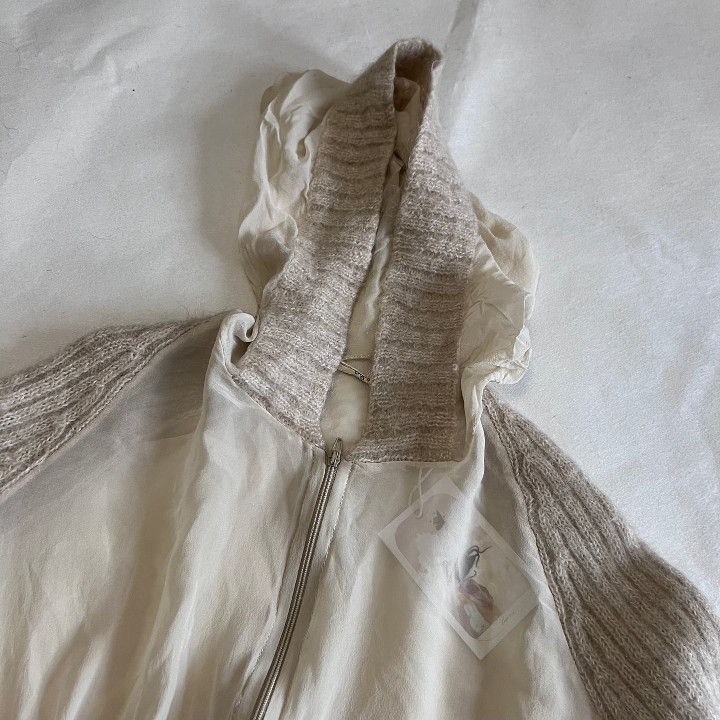 Beige Cream Wool Blend Ribbed Sheer Knit Hooded Jacket