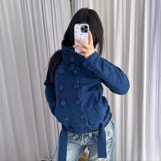 Adidas Navy Blue Double Breasted Funnel Neck Asymmetric Belted Hem Jacket