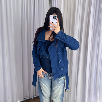 Adidas Navy Blue Double Breasted Funnel Neck Asymmetric Belted Hem Jacket