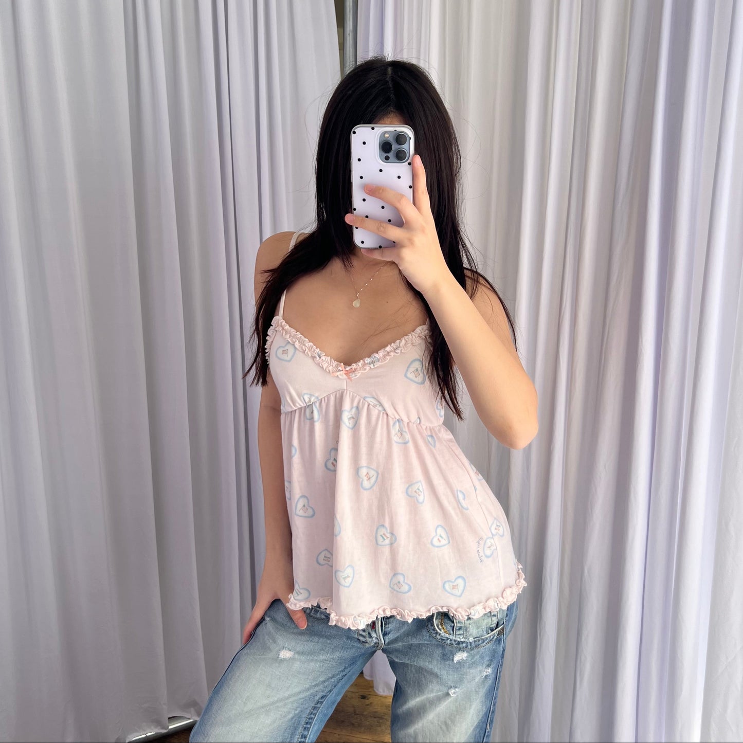 Coquette Gelato Pique Baby Pink Candy Heart Print Ruffle Babydoll Camisole
