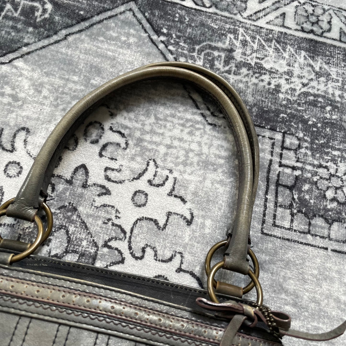 anna sui faded denim grey panelled shoulder bag with ribbon bow detail + brass hardware and butterfly charm