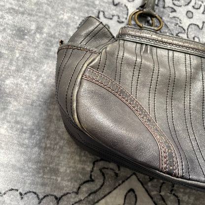 anna sui faded denim grey panelled shoulder bag with ribbon bow detail + brass hardware and butterfly charm