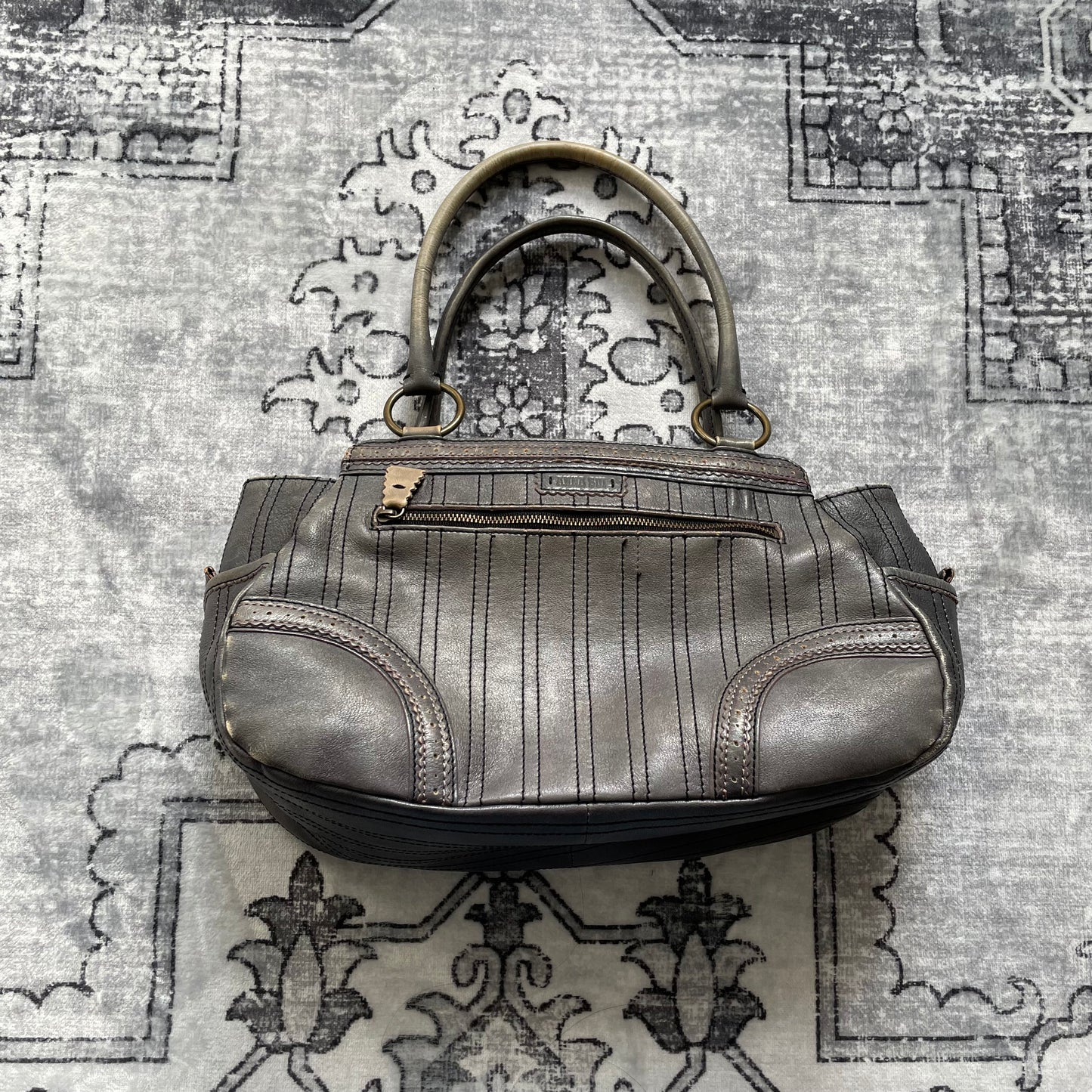 anna sui faded denim grey panelled shoulder bag with ribbon bow detail + brass hardware and butterfly charm