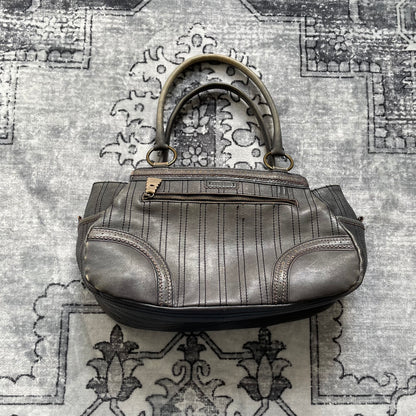 anna sui faded denim grey panelled shoulder bag with ribbon bow detail + brass hardware and butterfly charm