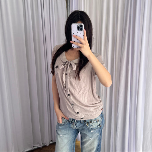 Naketano Beige Silky Short Sleeve Front Tie Detail Blouson