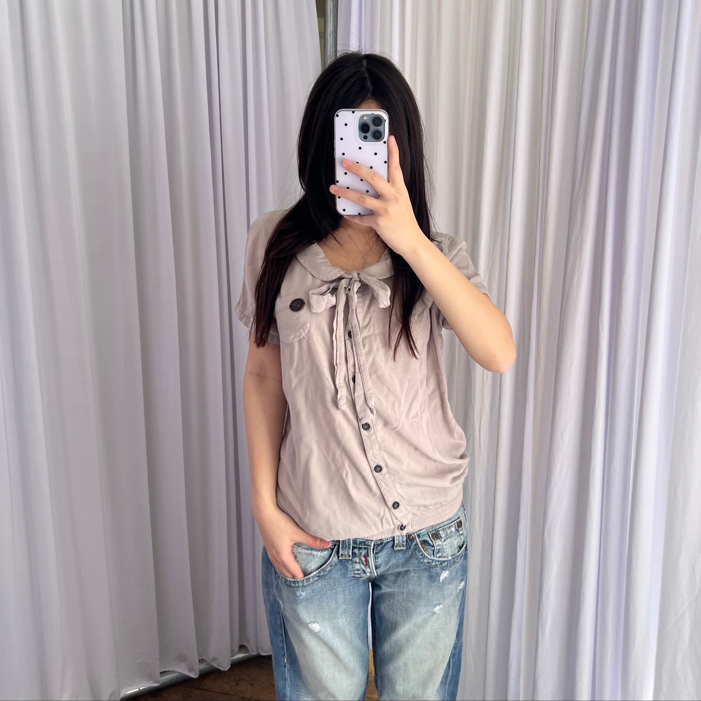 Naketano Beige Silky Short Sleeve Front Tie Detail Blouson