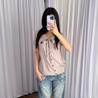Naketano Beige Silky Short Sleeve Front Tie Detail Blouson