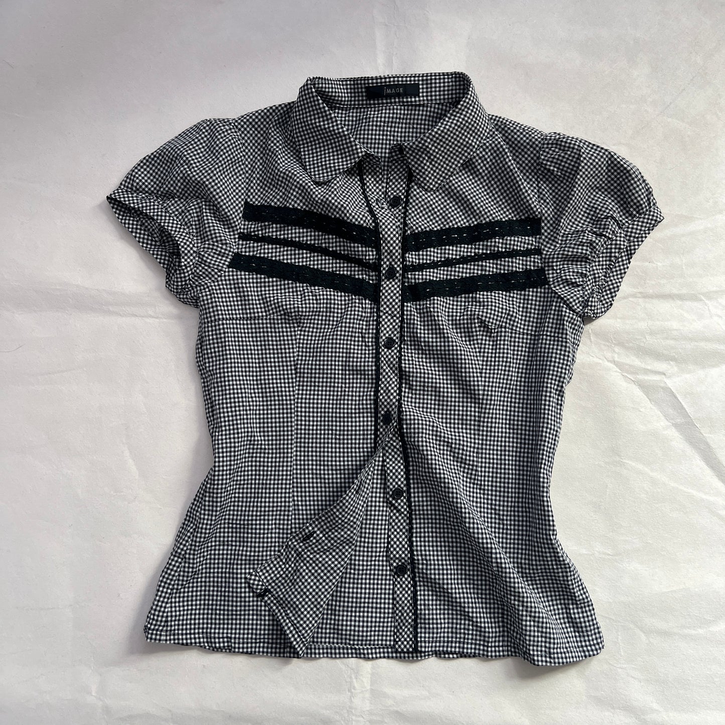 Image Black White Gingham Black Lacey Check Puff Sleeve Button Blouse